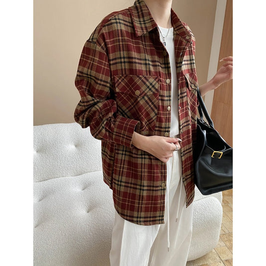 Early Autumn Retro Plaid Contrast Color Overalls Pocket Casual Shacket