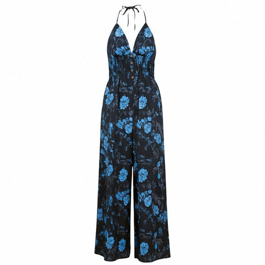 Bohemian Halter Jumpsuit Women Summer Printed High Waist Wide Leg Pants Seaside Vacation Jumpsuit