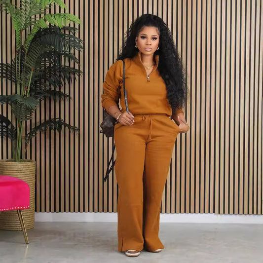 Women Clothing Autumn Winter Solid Color Loose Zip Drawstring Pants Sports Two Piece Set