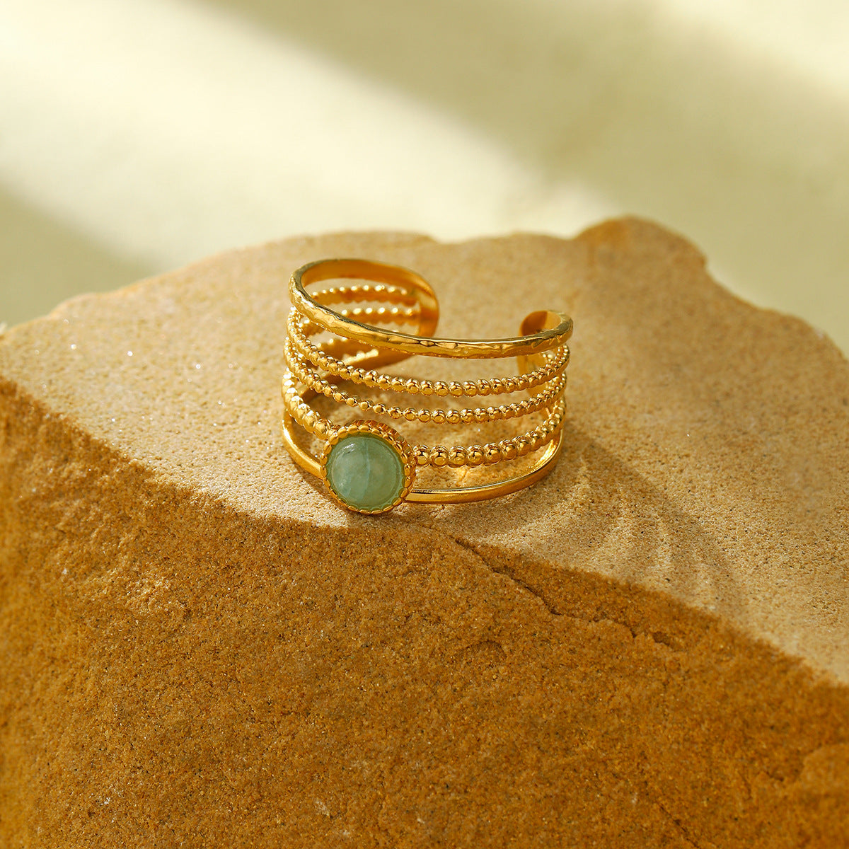 18K Gold Titanium Steel Natural Green Aventurine Open Ring Women All Match High Sense Ornament - Wanita Store