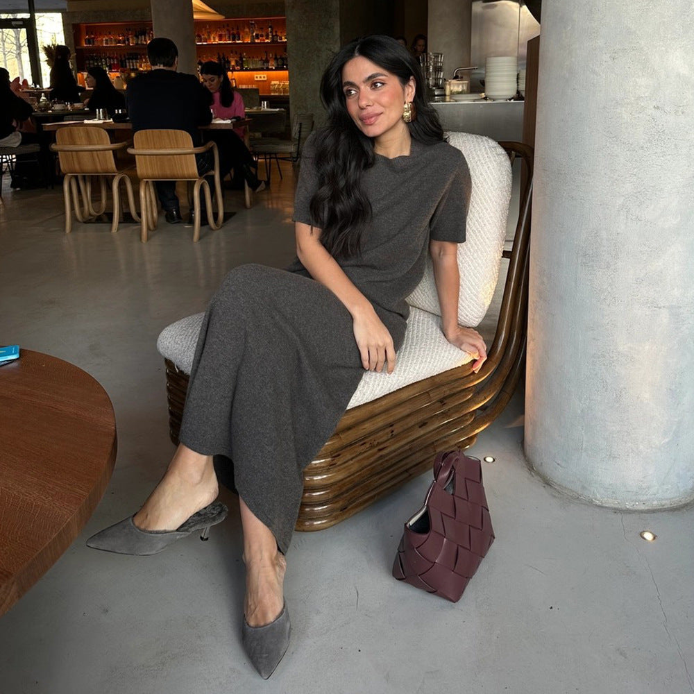 Pullover Short Sleeve Skirt Set Summer Knitting Solid Color Simple Set