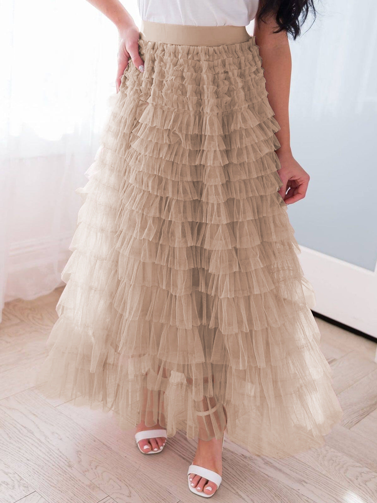 【MOQ-5 packs】 Skirt Women Autumn Elegant Solid Color High Waist Mesh A line Dress Puffy French Dress