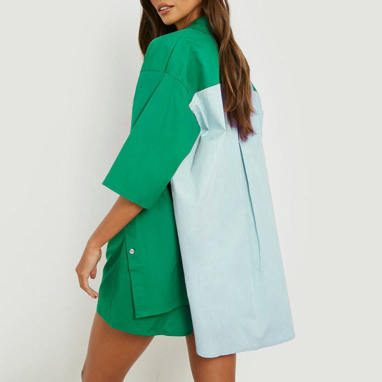 Spring Summer Casual Set Women Color Matching Super plus Size Half Length Sleeve Shirt Top Elastic Waist Shorts Two Piece Set