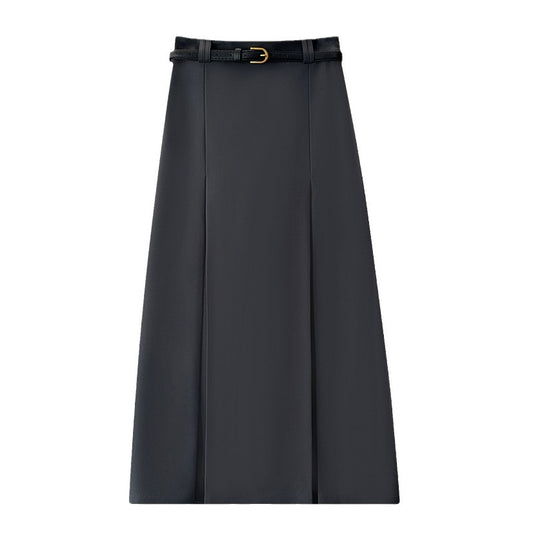Korean Office High Waist Slimming Slit Pleated Skirt Women Spring Summer High Grade Belt Skirt