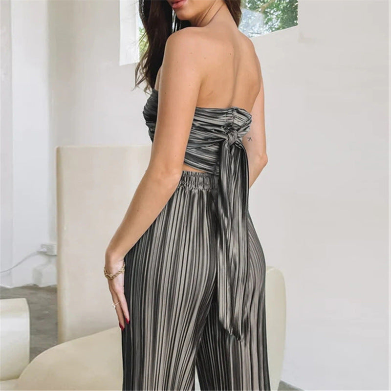 Spring Summer Pleated Sexy Suit Women Cropped Sleeveless Adjustable Vest Casual Pants Two Piece Set for Women