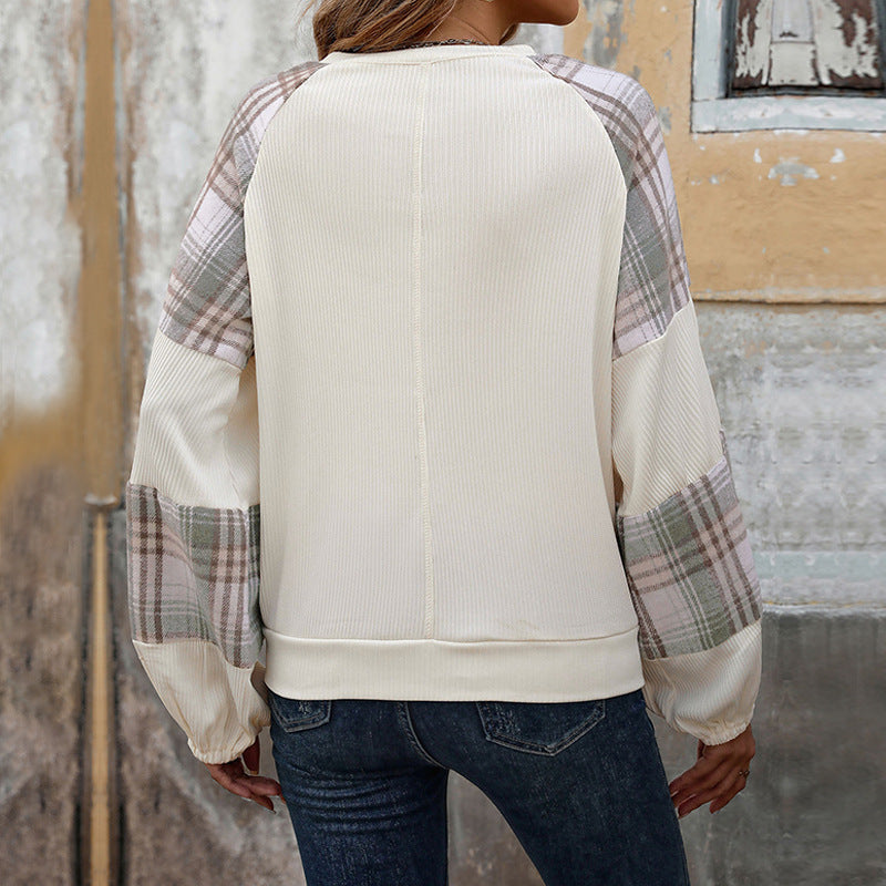 Casual Top Loose Plaid Colorblock round Neck Sweatshirt