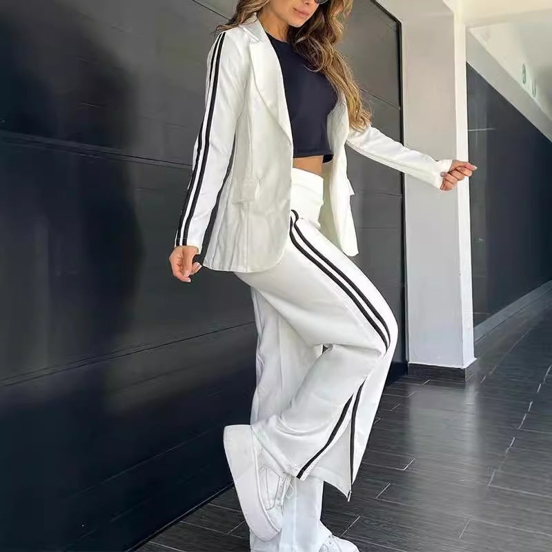 Autumn Winter Women Casual Polo Collar Suit Wide Leg Pants Two Piece Suit