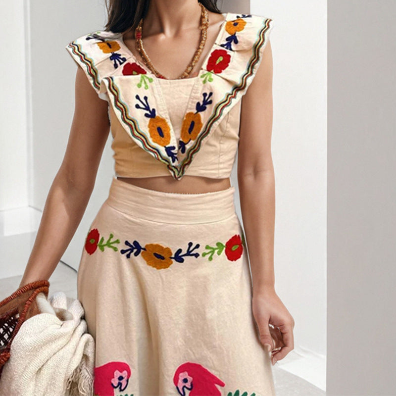 Women Clothing Spring Printing Ruffle Top Skirt Set