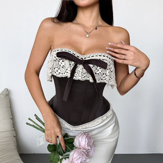 Retro Lace Boning Corset Waist Back Cross Rope Special Interest Design Tube Top