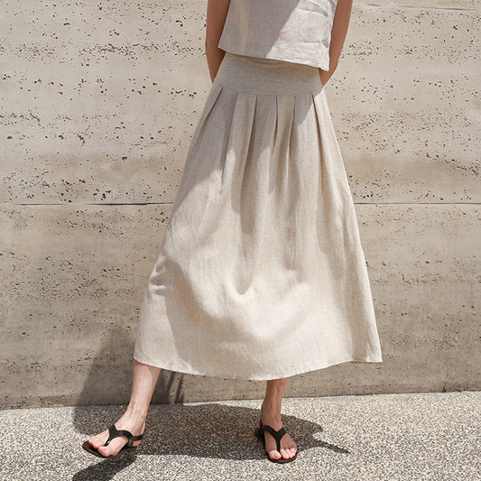 Linen Umbrella Skirt Summer Waist Pleated Design Skirt Slimming Elegant Graceful Skirt Women