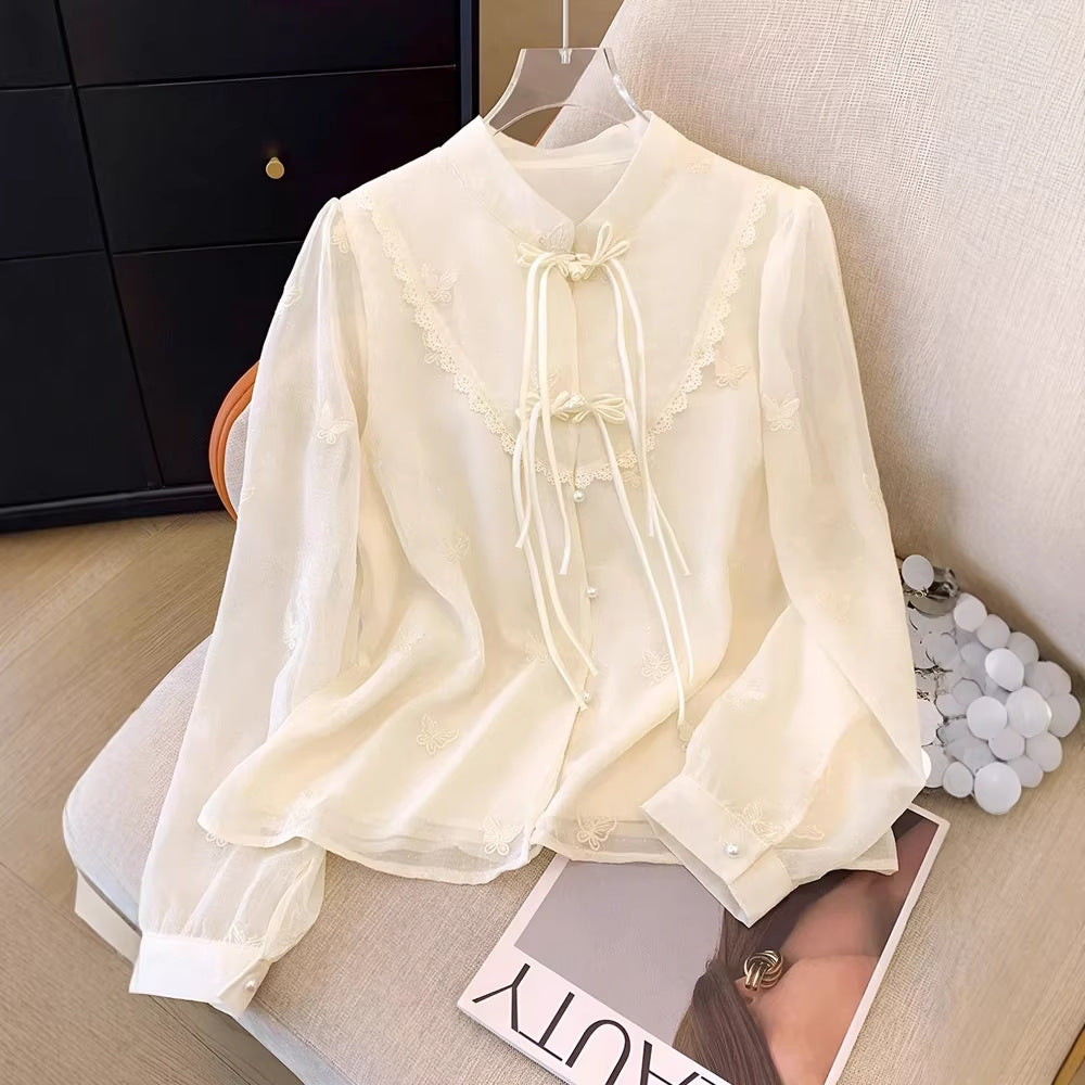 Camisa de manga larga de encaje con costuras salvajes chinas para mujer, primavera-verano