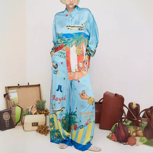 Spring Autumn Long Sleeve Printed Pocket Suit Casual Loose Vacation Two Piece Set Women