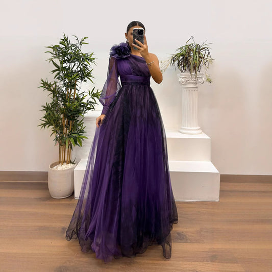 Spring Autumn Oblique Shoulder Mesh Floral Print Dress Casual Loose Party Dress Dress