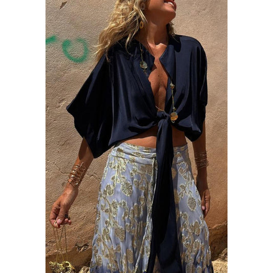 Spring Summer Lace up Vacation Multi-Color Top Casual Loose Batwing Sleeve Cardigan for Women - Wanita Store