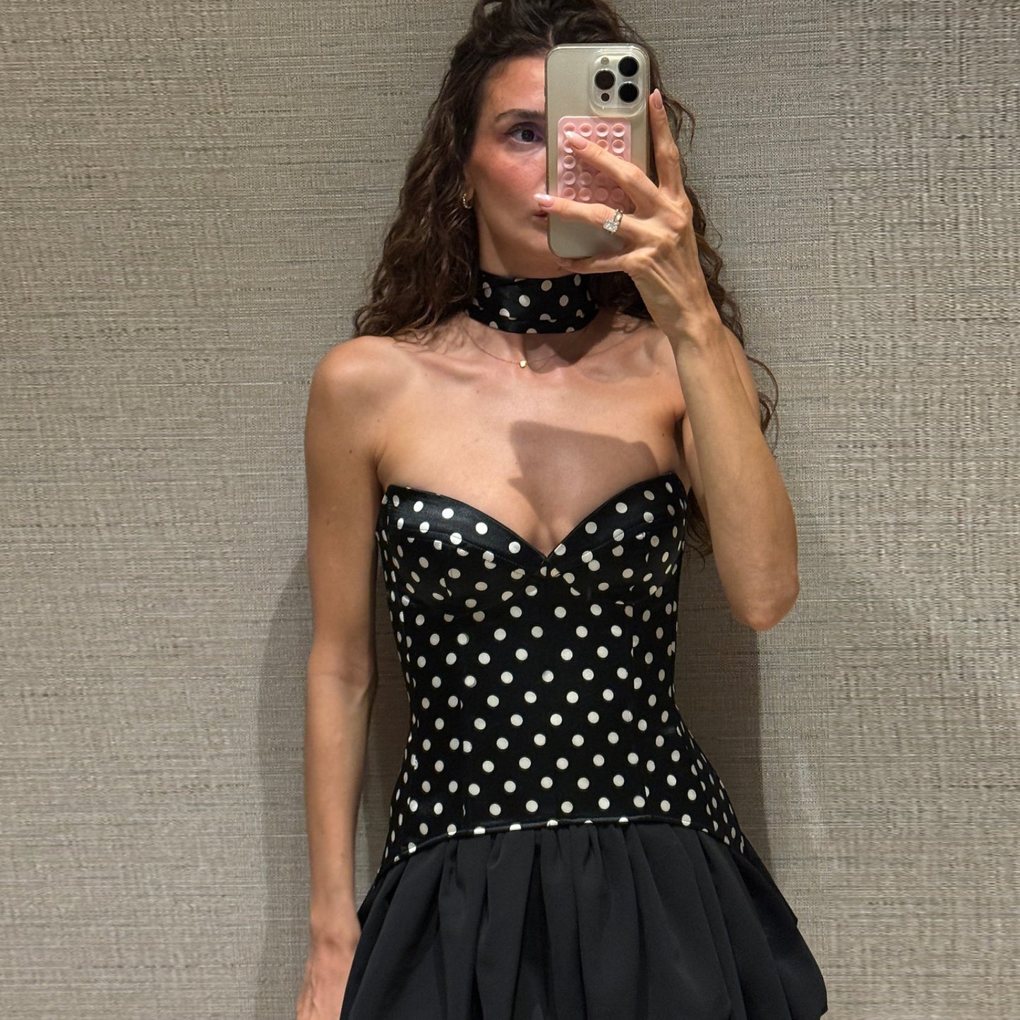 Fall Women Clothing V neck Sexy Polka Dot Color Matching Ribbon Slim Dress