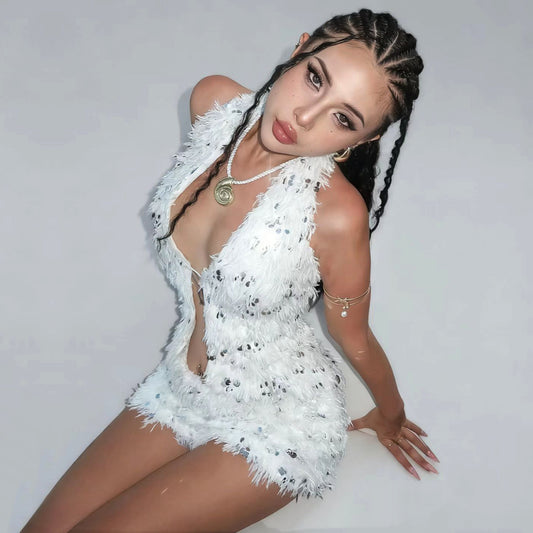 Women Clothing Nightclub Sequined Decorative Plush Sexy Backless Dress