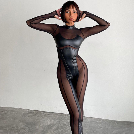 Women Clothing Autumn Stitching Mesh round Neck Back Long Sleeve Zipper Jumpsuit