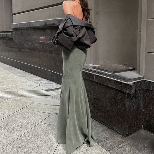 Autumn Winter Retro Silver Fox Velvet Green Slim High Waist Sheath Fishtail Skirt Elegant Casual Dress Women Clothing