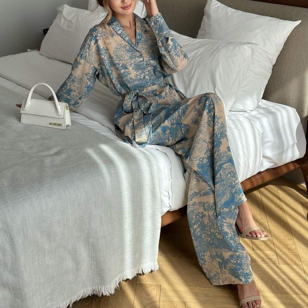 70French Print Long Sleeve Lace up Shirt High Waist Wide Leg Pants Women Sets