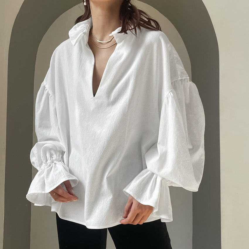 Spring Women Clothing Cotton White Shirt Texture Loose V neck Puff Sleeve Long Sleeved Top - Wanita Store
