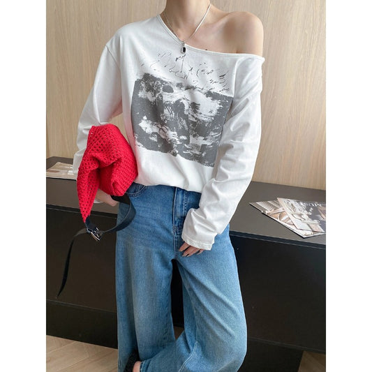 Early Autumn Niche Shoulder Design Retro Printed Loose Long Sleeves T shirt
