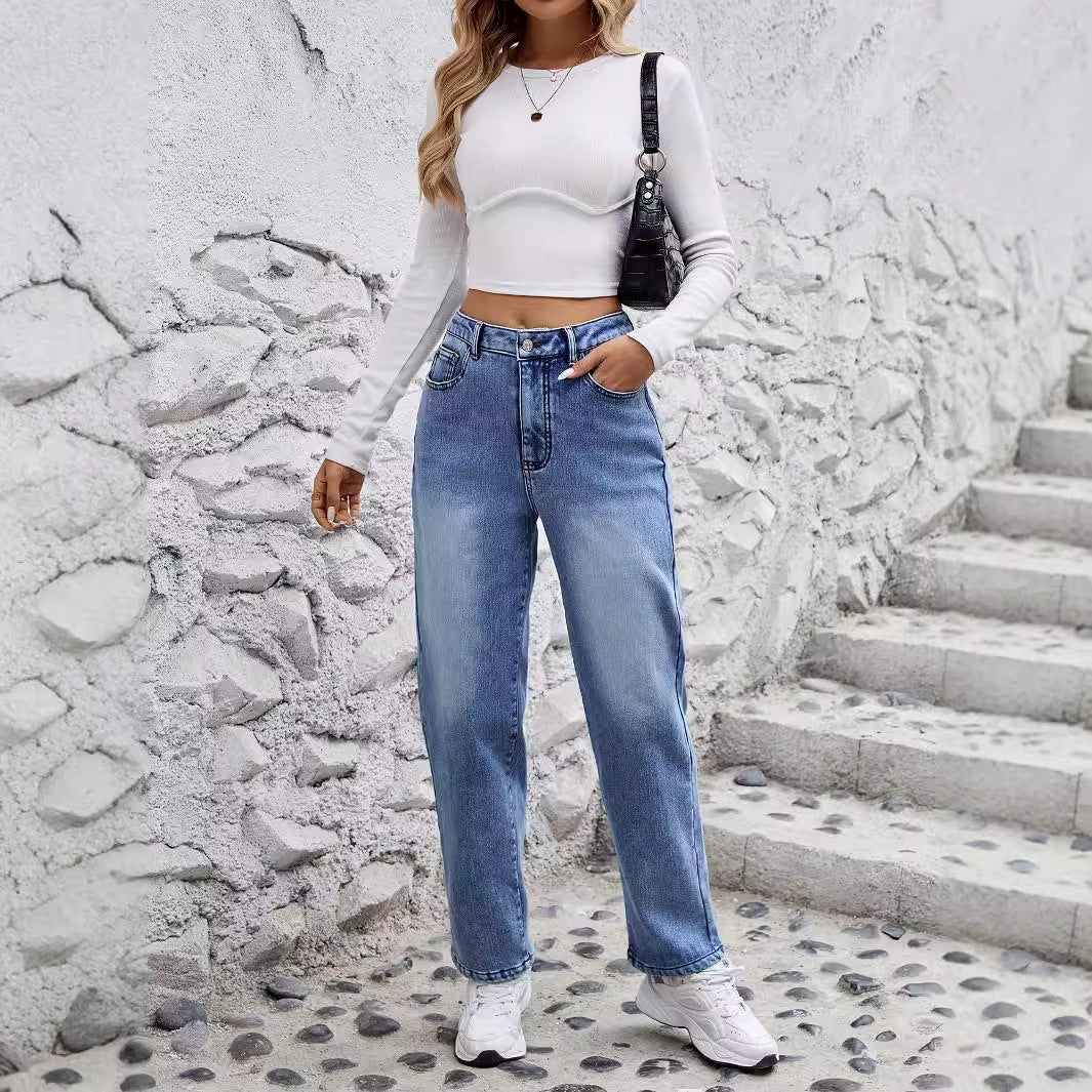 Women Clothing Fleece Lined Elastic Straight Slimming Denim Fashionable Trousers