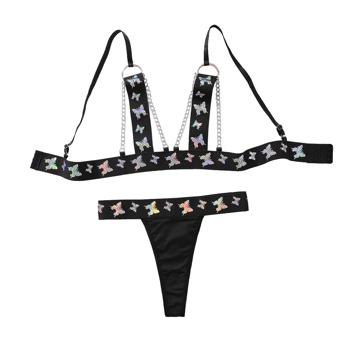 Three Point Bra Two Piece Summer Colorful Butterfly Printed Sexy Hollow Out Cutout Underwear Set
