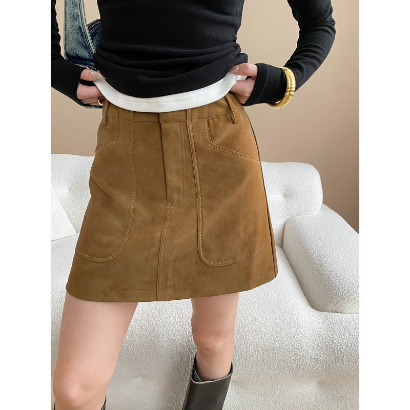 Early Autumn Suede High Grade Large Pocket Slimming A line Skirt