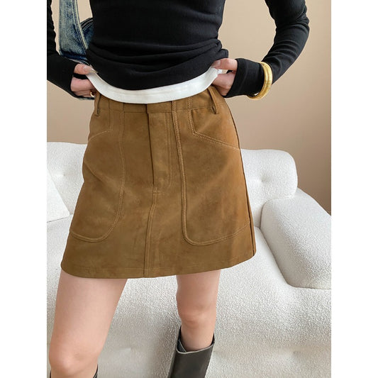 Early Autumn Suede High Grade Large Pocket Slimming A line Skirt