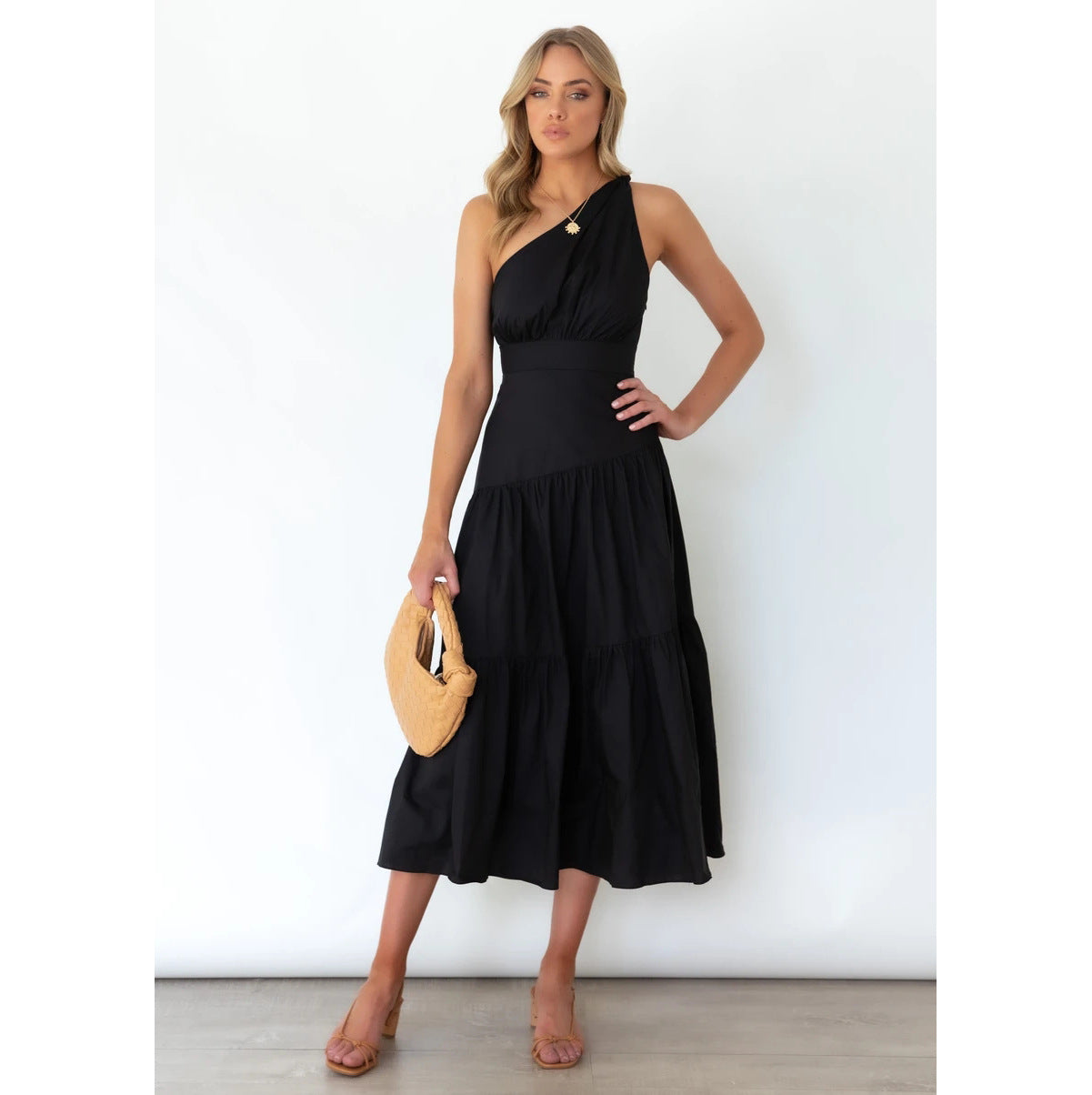 Spring Summer One-Shoulder Knotted Solid Color Fresh Long Sweet Dress