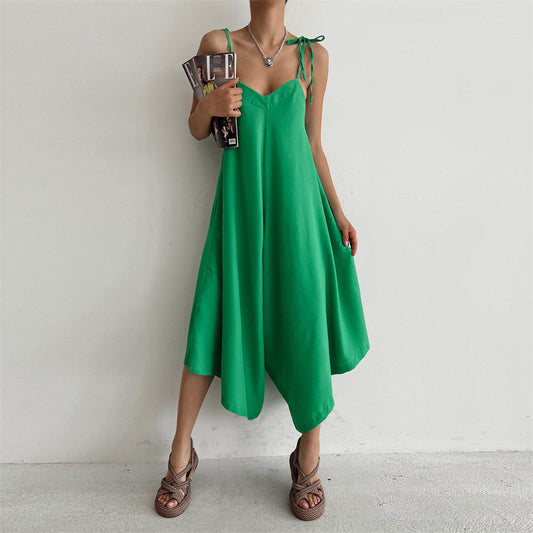 Summer Solid Color Overalls Casual Loose Fitting Wide Leg Trousers Sexy Sling Backless Sleeveless Jumpsuit