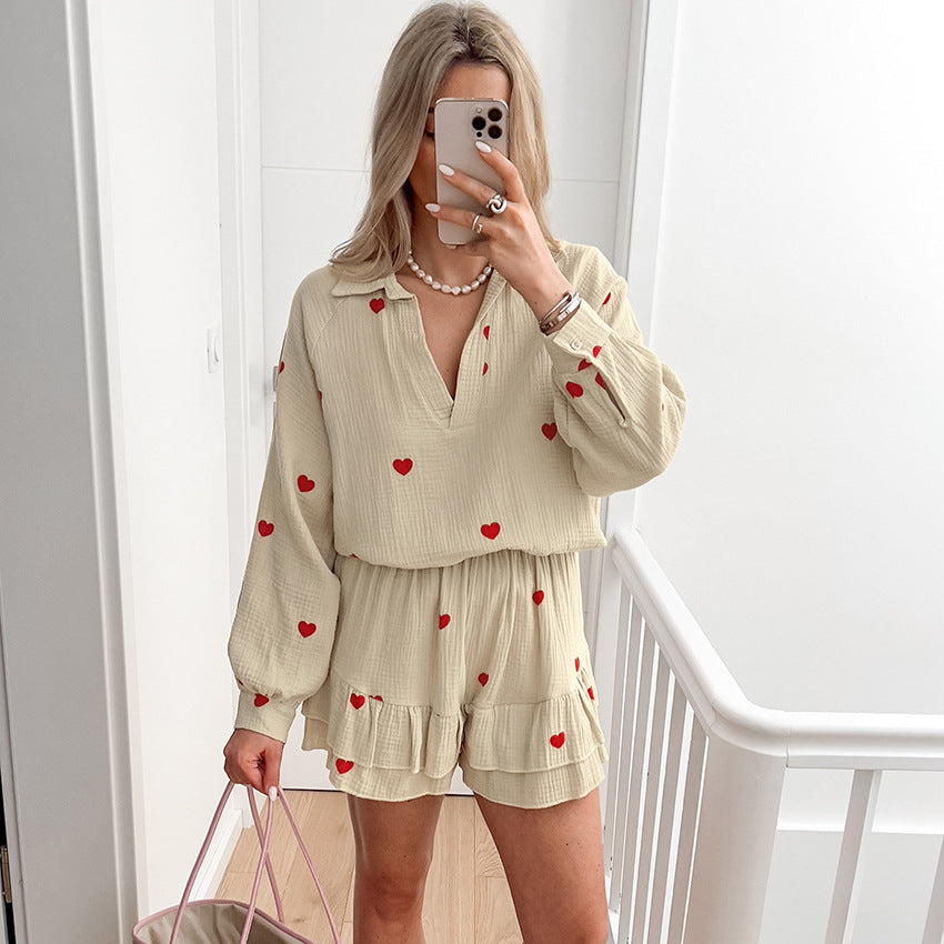 White Cotton Heart Printing Long Sleeve Shorts Pajamas Two Piece Casual Breathable Ladies Homewear