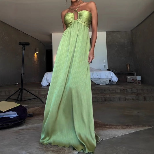 Women Clothing Solid Color Cross Shoulder Strap Pleated Dress