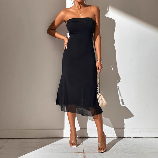 Women Solid Color Sexy Tube Top Cinched Waist Evening Dress Double Layer Mesh Stitching Dress