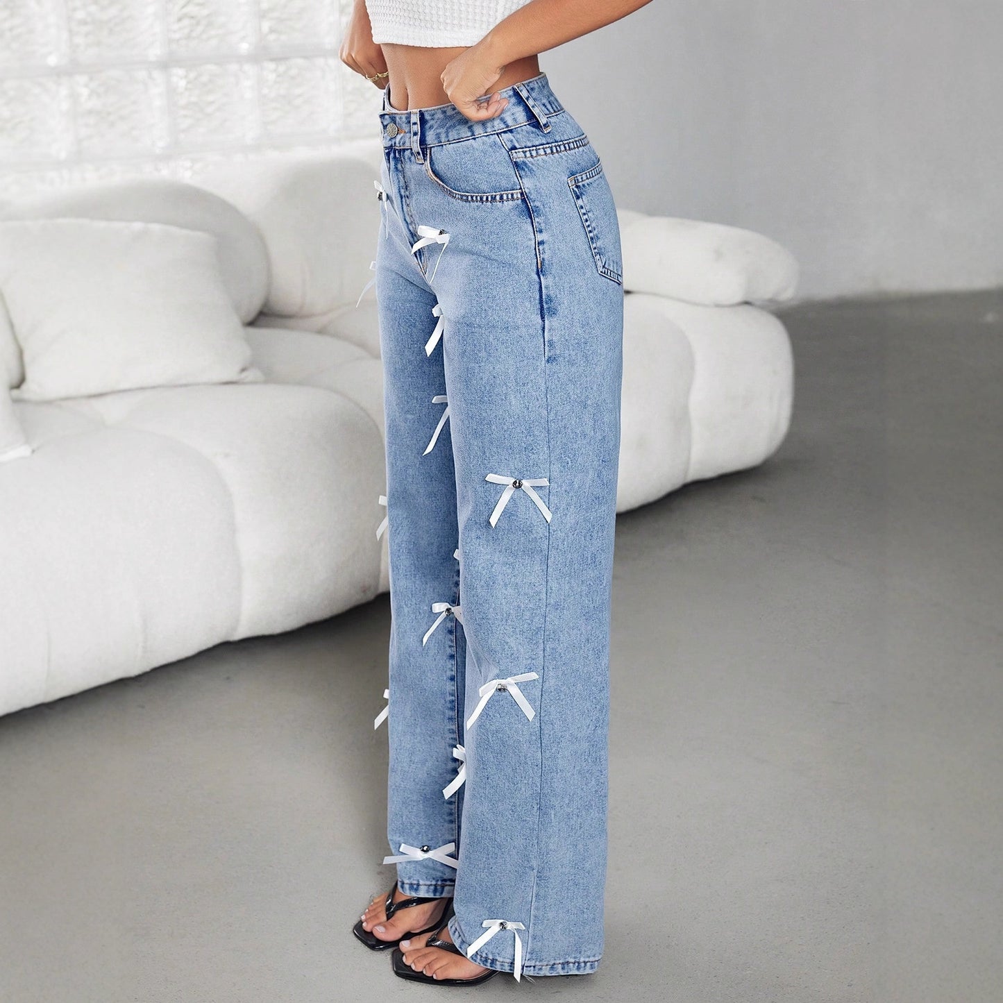 Bow Ribbon Women' Four Seasons Women Wide Leg Denim Trousers