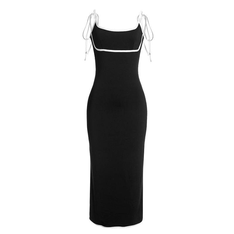 Sexy Sleeveless Sling Slim Fit All Matching Sheath Long Black White Contrasting Color Dress