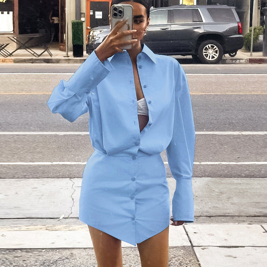 Spring Summer Comely Blue Loose Fitting Collared Shirt Sleeve Sheath Slim Dress Pencil Women
