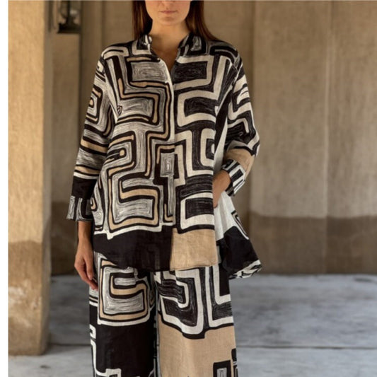 Women Clothing Cotton Linen Multi Color Printed Long Sleeve Casual Straight Pants Two Piece Set