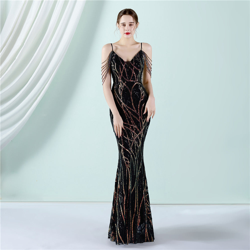 Sling Sequin Toast Dress Bride Long Appreciation Dinner Slim-Fit Fishtail Wedding Car Model Exhibition Dress
