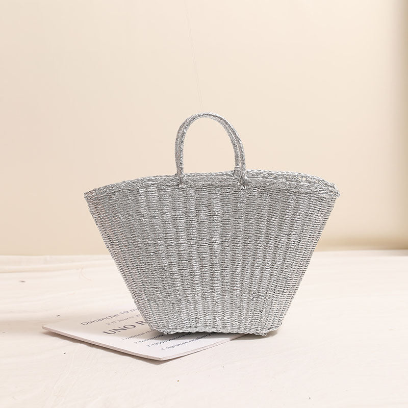 Silver Portable Straw Weaved Bag Metal Sense Large Capacity Hand Carrying Woven Bag Women Seaside Vacation Beach Bag