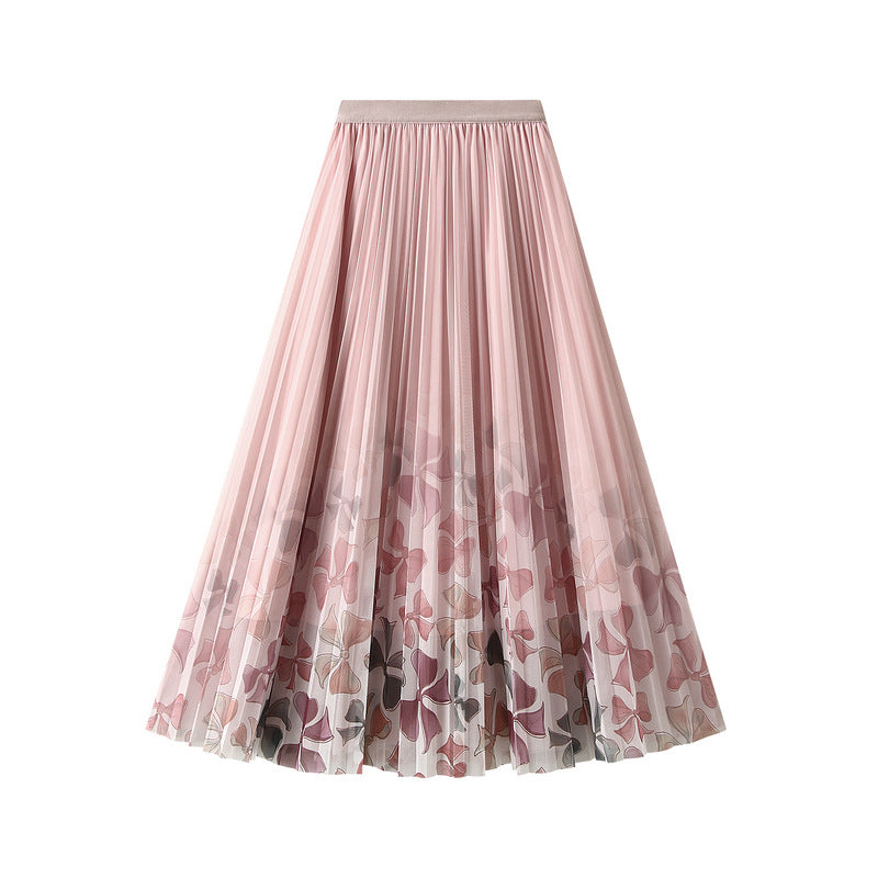 Printed Mesh Skirt Women Spring Summer Floral Gauze Skirt Mid Length Drape Pleated Skirt