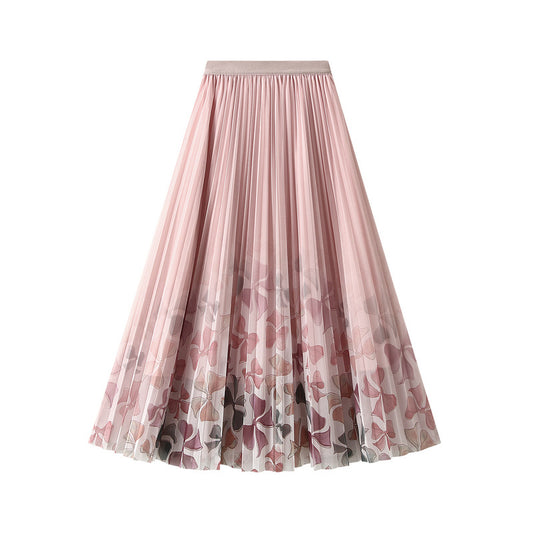 Printed Mesh Skirt Women Spring Summer Floral Gauze Skirt Mid Length Drape Pleated Skirt