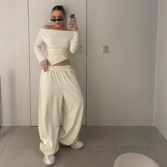 Fall off Neck Asymmetric Hem Long T shirt Straight Leg Trousers Casual Two Piece Sets