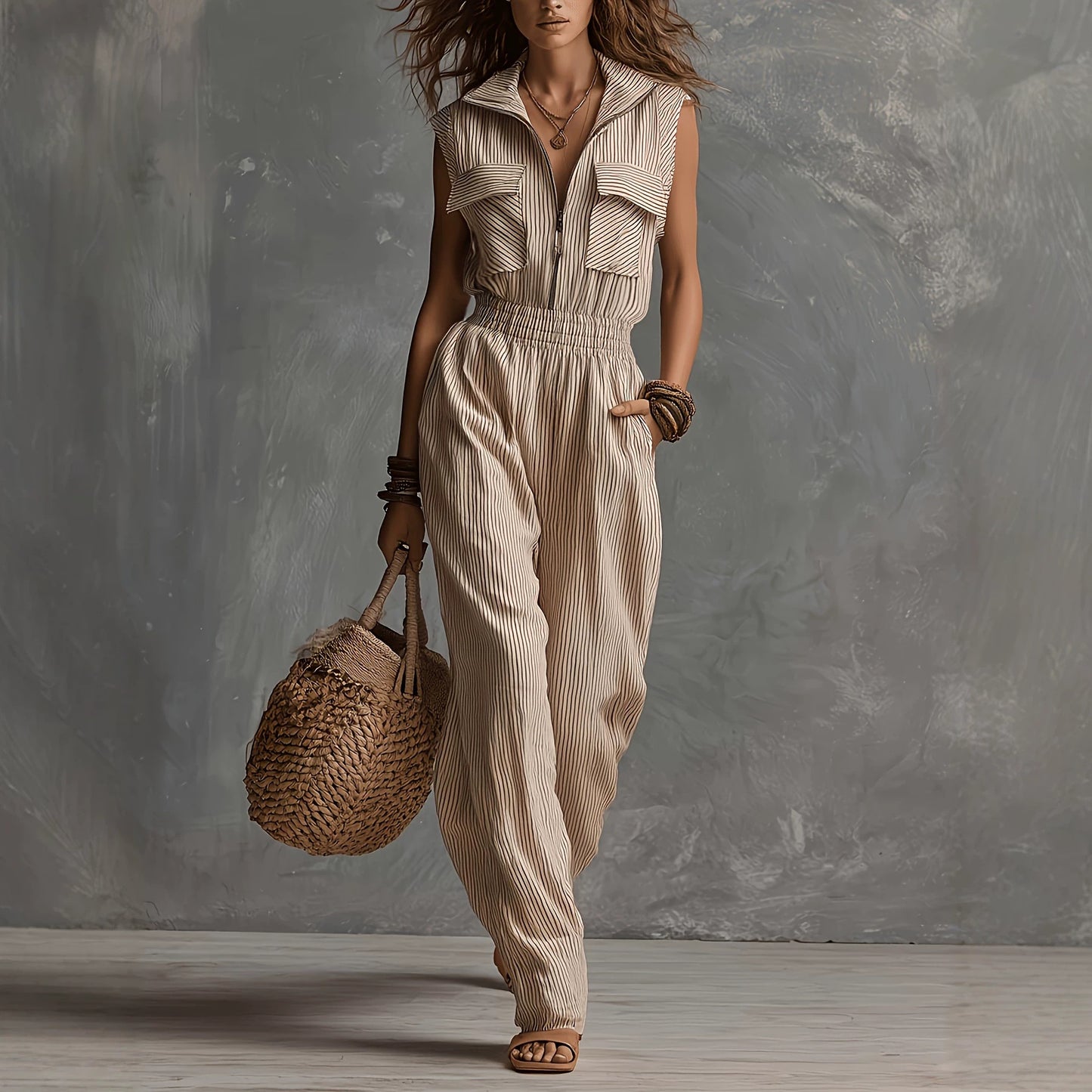 Casual Striped Jumpsuit Sleeveless Zipper Pocket Design Cargo Pants