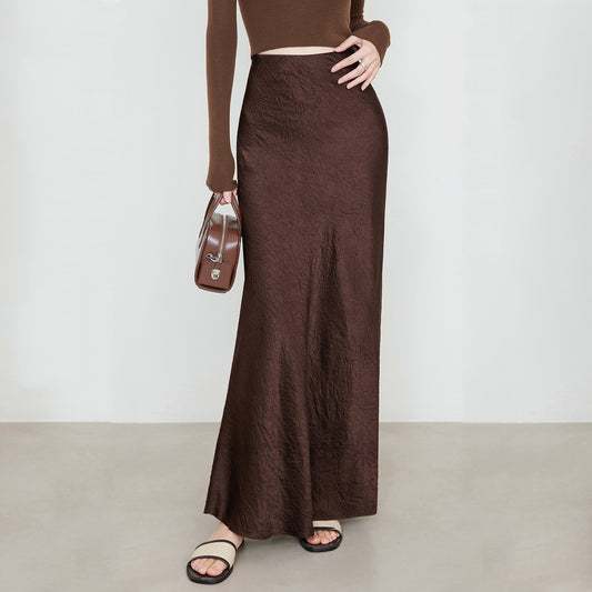 Women Clothing Summer Satin Skirt High Waist Elastic Hand-Held Pattern Long Skirt Elegant Solid Color Long Skirt