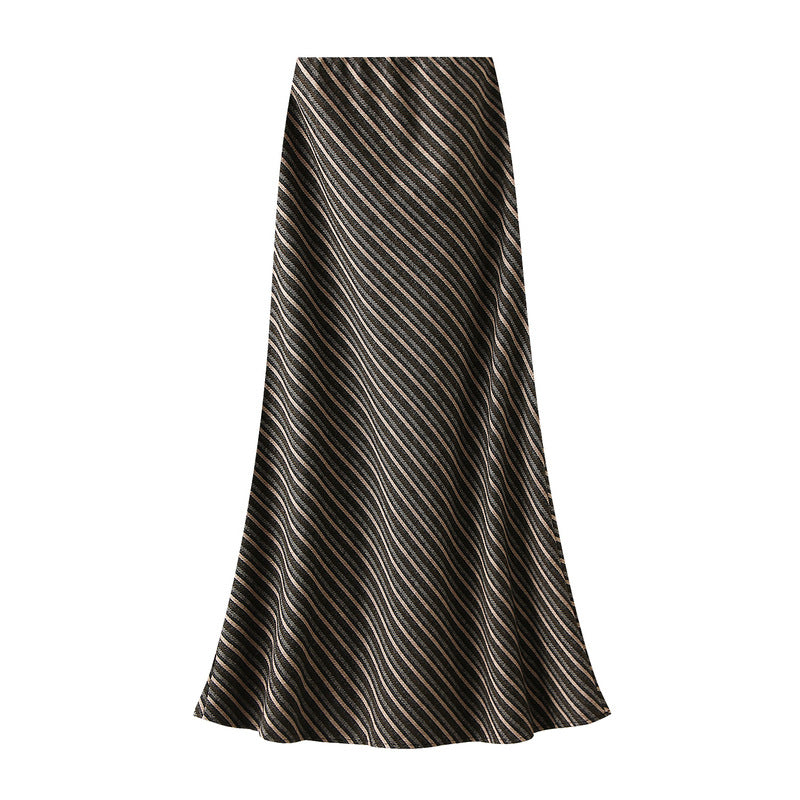 High Waist Slimming Skirt Women Fall Loose Diagonal Striped A line Sheath Skirt