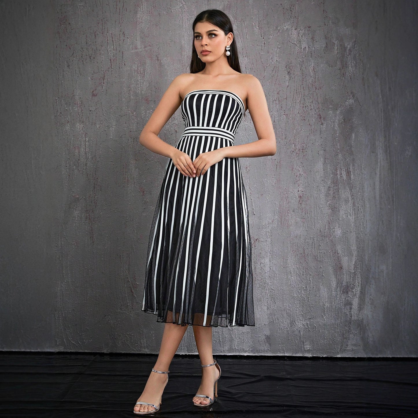 Vertical Striped Tube Top Dress Mid Length Annual Meeting Host Formal Dress Women Wear Dress