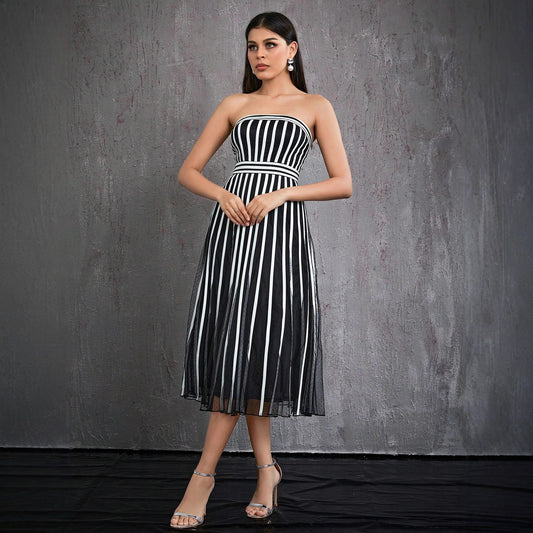 Vertical Striped Tube Top Dress Mid Length Annual Meeting Host Formal Dress Women Wear Dress