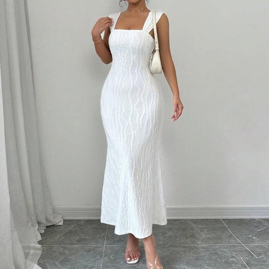 Striped Sexy Square Collar Sling Backless Maxi Dress