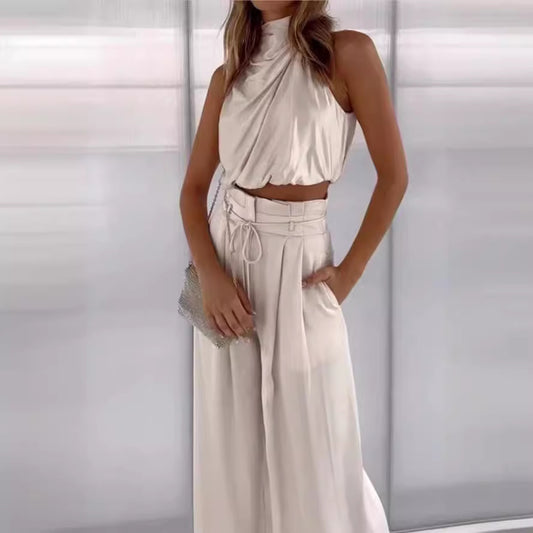 Women Casual Sleeveless Collar Two Piece Sets Wide Leg Pants Summer Cropped Top